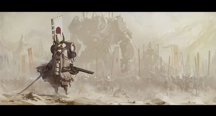 4K Samurai with Giant Mech in Desert