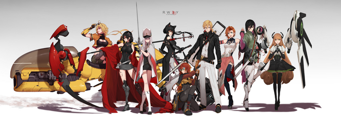 RWBY characters with weapons and a vehicle