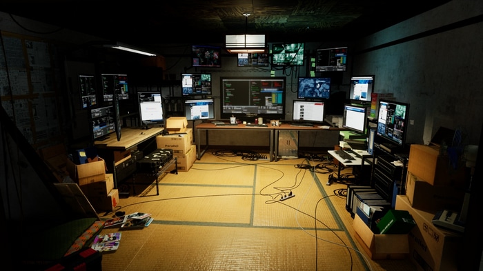 Ghostwire Tokyo control room with multiple monitors