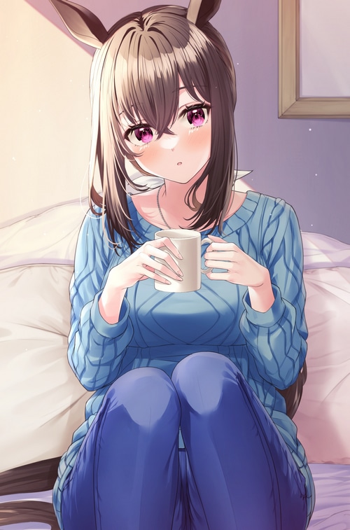 Admire Vega from Uma Musume Pretty Derby holding a mug