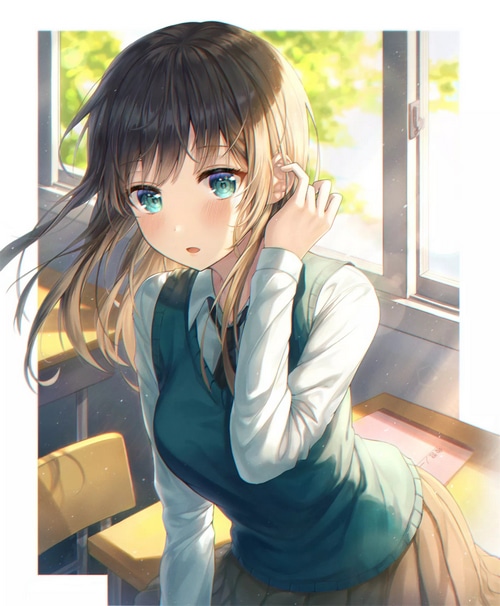 Anime girl with aqua eyes in a classroom
