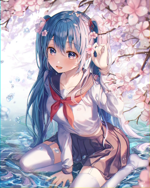 Hatsune Miku in a school uniform with cherry blossoms and water