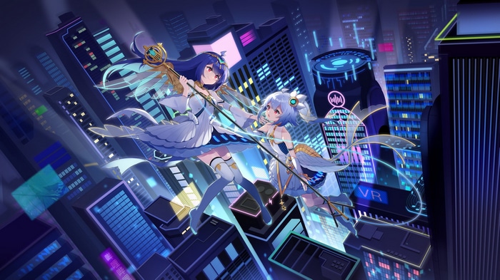 Two anime girls in white dresses in a futuristic cityscape