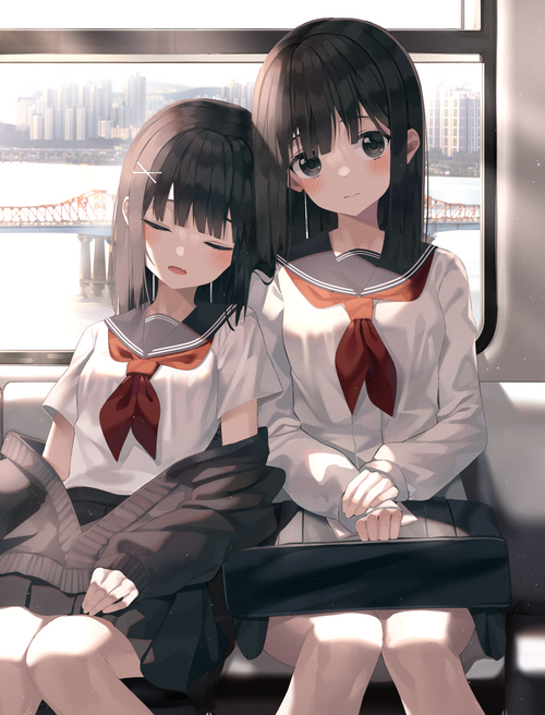 Two schoolgirls in uniform on a train