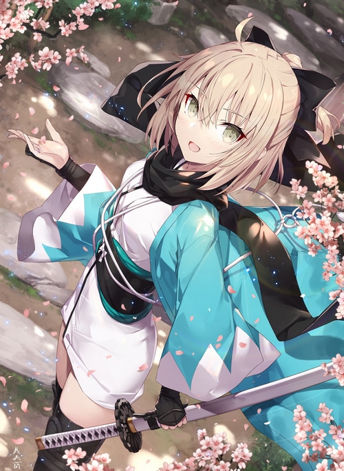 Okita Souji with Sword and Cherry Blossoms