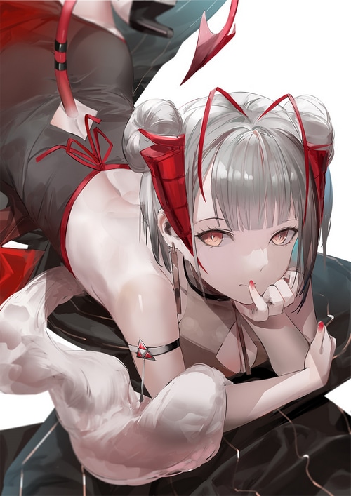 W from Arknights with silver hair and horns
