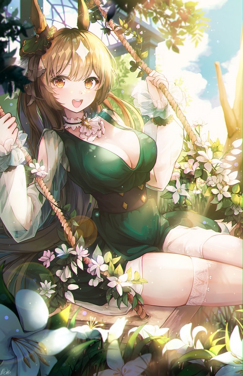 Satono Diamond on a swing surrounded by flowers