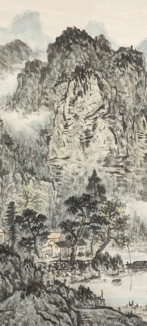 Ink wash painting of mountains and a village
