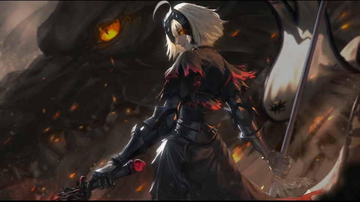 Jeanne d'Arc in dark armor with a dragon