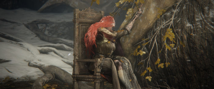 Malenia sits on a throne in Elden Ring