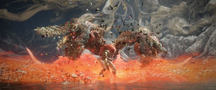 Malenia from Elden Ring in a fiery landscape