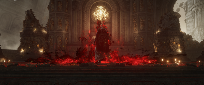 Elden Ring character with red aura and golden light
