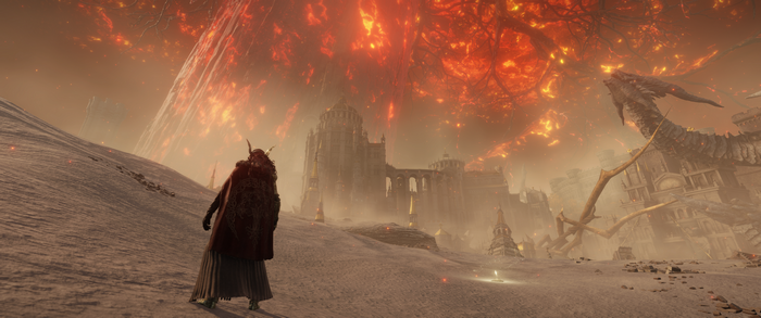 Elden Ring: Dragon and Castle in Fiery Sky