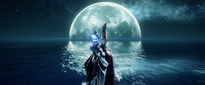 Elden Ring character with staff under a large moon