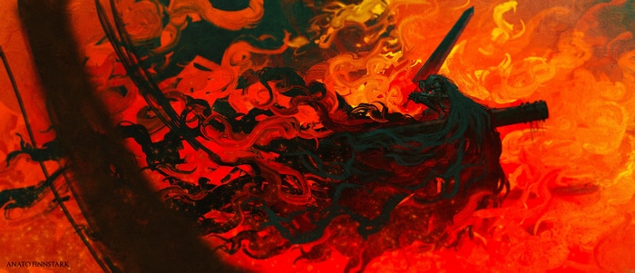 Griffith in a fiery landscape, fan art by Anato Finnstark
