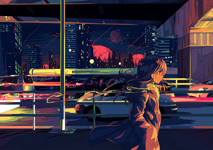 Anime girl in a city at night with traffic