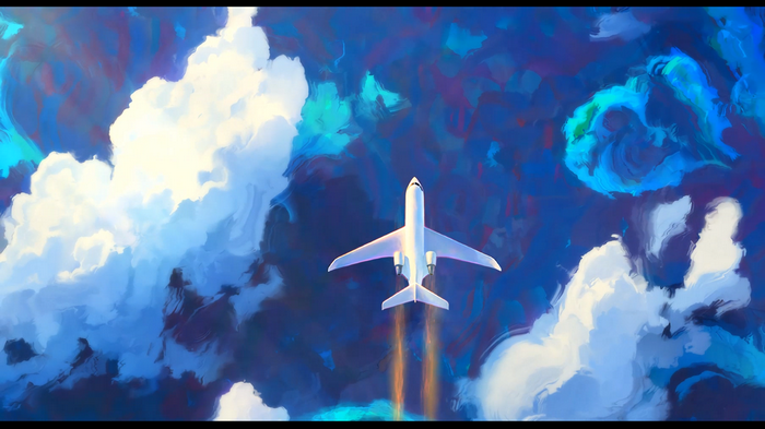 Airplane flying through abstract clouds