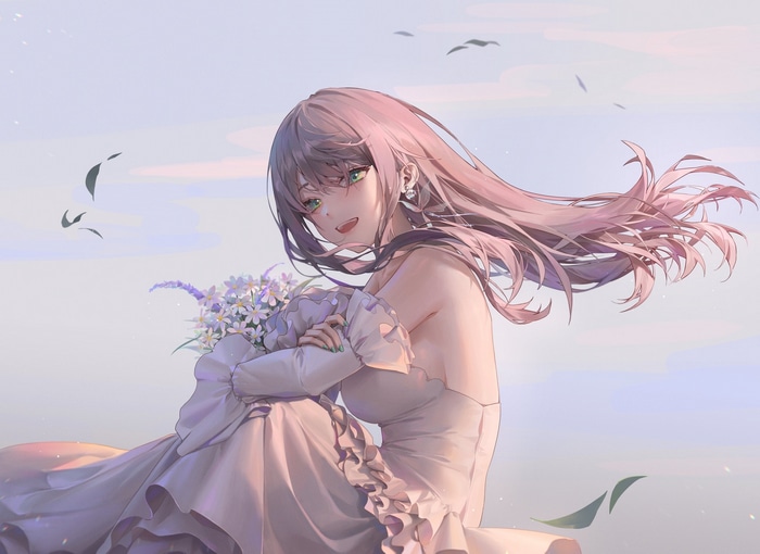 Anime girl with pink hair holding flowers