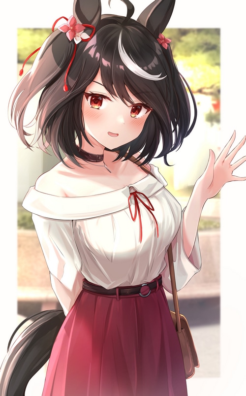 Kitasan Black horse girl with red skirt and white shirt