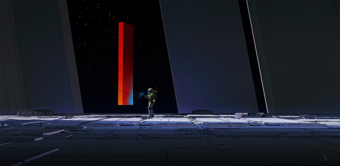 Futuristic Monolith in Space with a Soldier