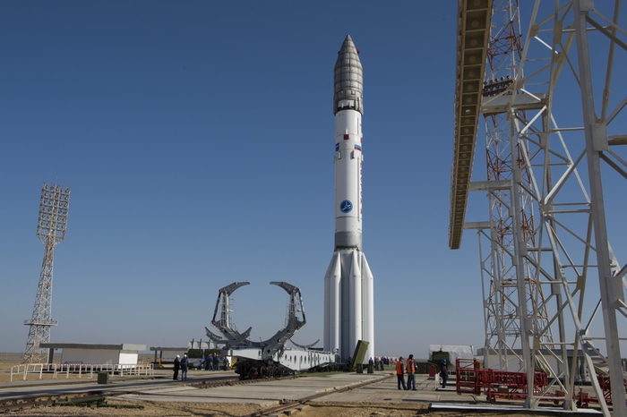 Proton rocket on launchpad at Baikonur Cosmodrome