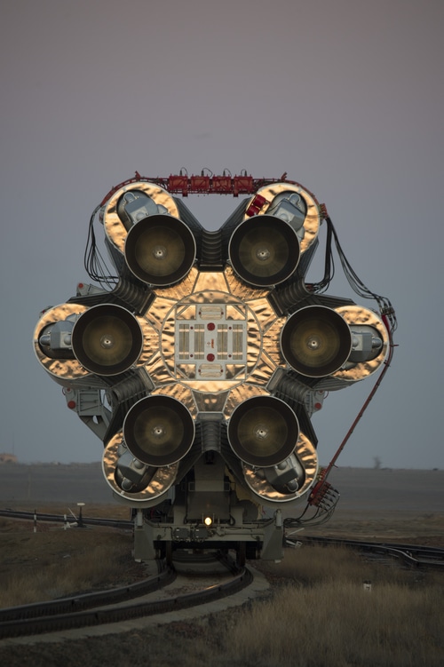 Proton Rocket Engines on Railway at Baikonur Cosmodrome