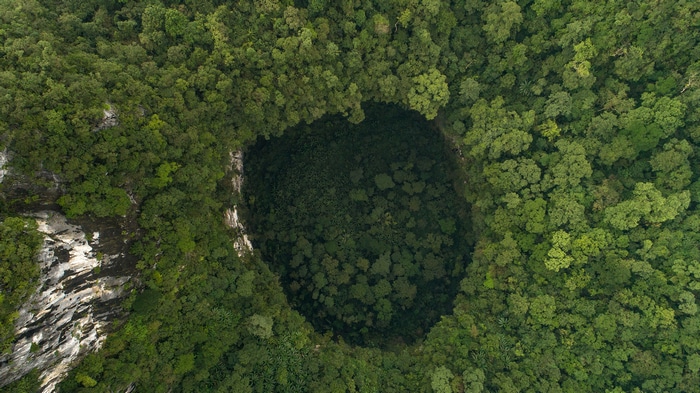 Aerial view of Hang Son Doong cave entrance in Vietnam