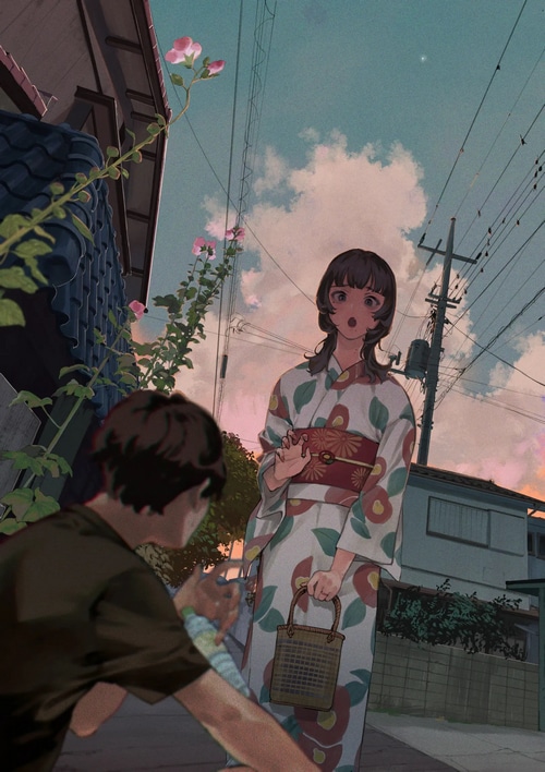 Couple in Kimono in the Evening