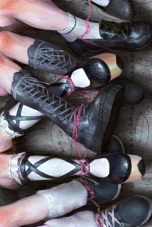 Legs bound with pink string and wearing various shoes