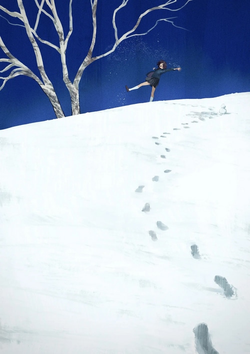 Girl in school uniform playing in the snow