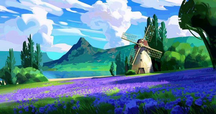 4K illustration of a windmill in a lavender field