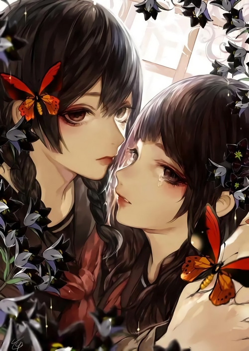 Two anime girls with butterflies and black flowers