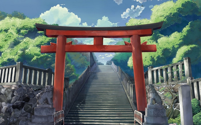 Red Torii Gate and Stone Staircase in Japan