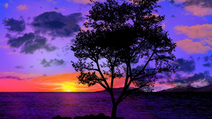 Digital painting of a tree at twilight by the sea