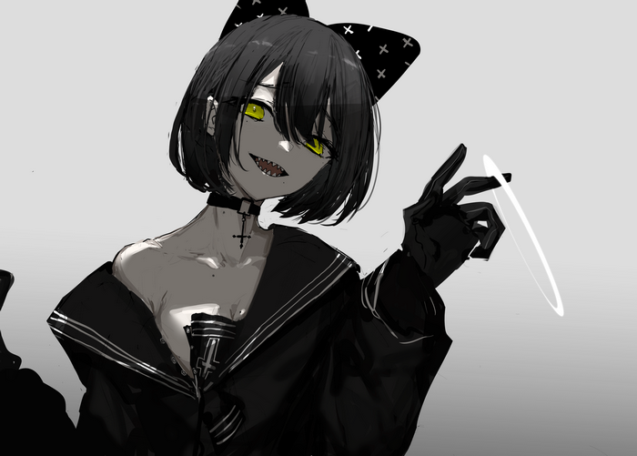 Anime girl with shark teeth and cat ears