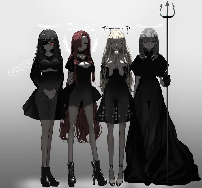 Four anime girls with halos and dark dresses