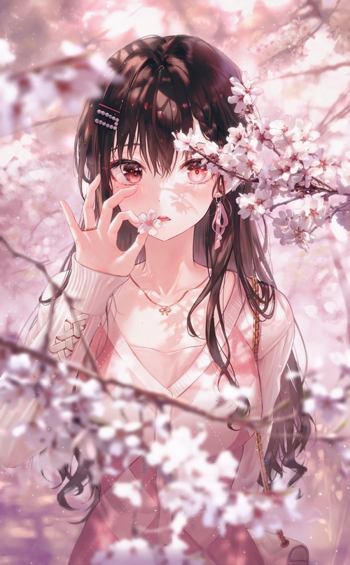 Anime girl with cherry blossoms and pink eyes