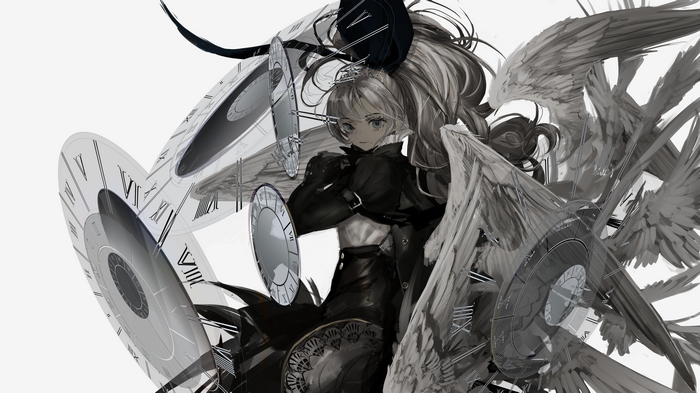Anime girl with wings and clocks