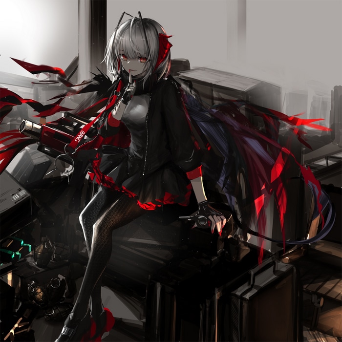 W from Arknights holding a gun