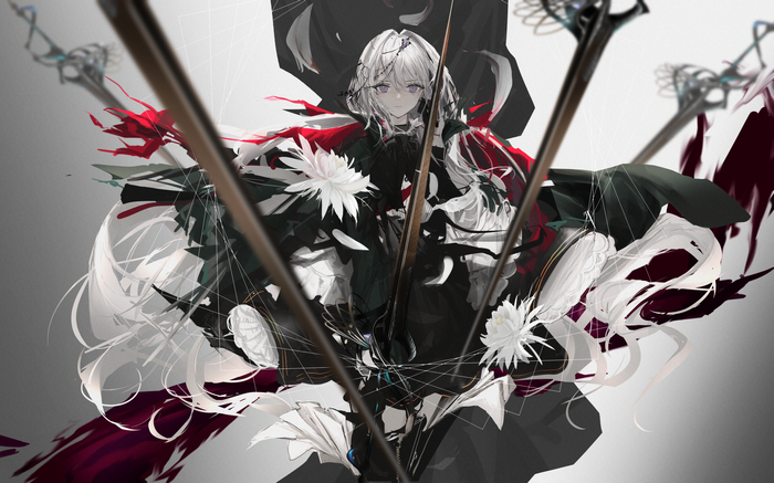 Anime girl with white hair and red accents