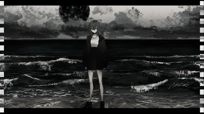 Anime girl by the sea under a dark moon