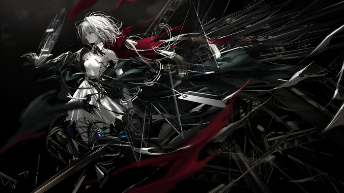 Anime girl with white hair and red scarf