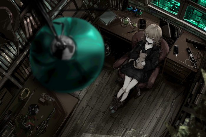 Anime girl holding a cat in a room with monitors