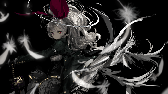 Anime girl with white hair and red eyes, dark outfit, feathers