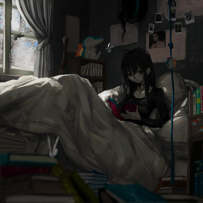 Anime girl with glasses reading in bed
