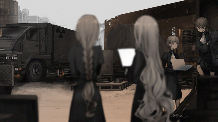 Anime characters near a truck with radiation symbol