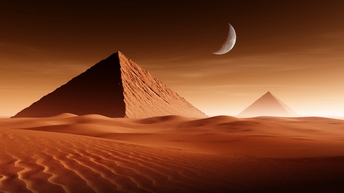 4K desert with pyramids and crescent moon