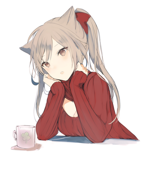 Cat girl in a red sweater with a cup
