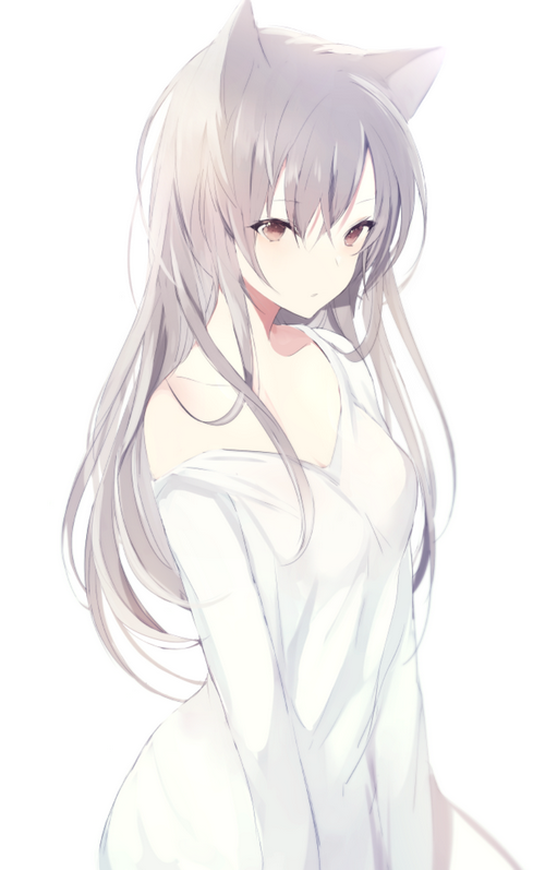 Cat girl with long gray hair and white shirt