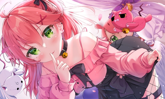 Sakura Miko and cat plushies with pink hair and green eyes